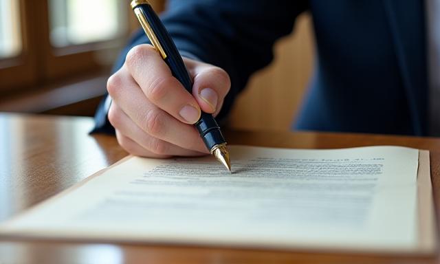 Professional contract signing on a wooden desk