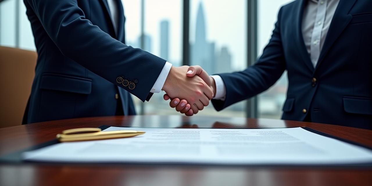 Two professionals shaking hands over a well-drafted legal contract in a high-rise London office